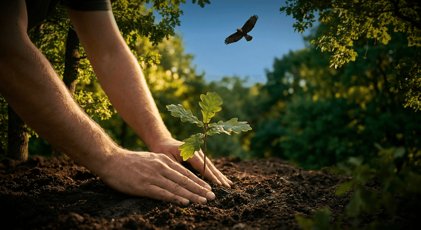 Planting a tree with hawk soaring above